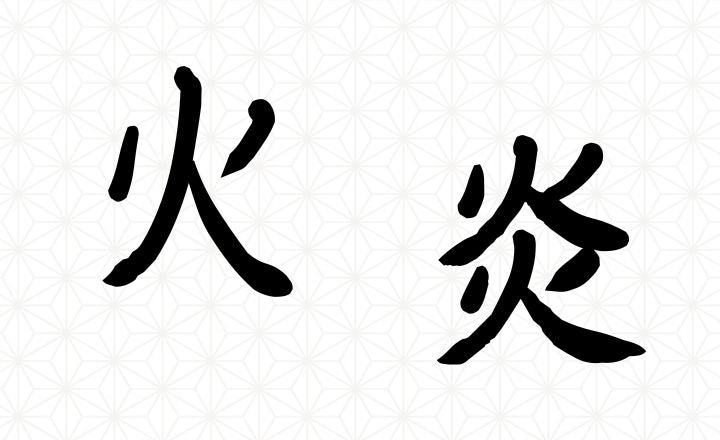 Japanese kanji 火 and 炎 on a pale geometric background