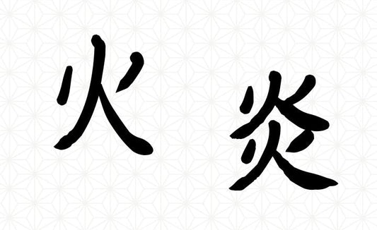 Japanese kanji 火 and 炎 on a pale geometric background