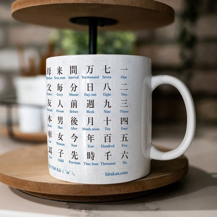JLPT N5 Kanji Mug product image showing beginner kanji and English meanings
