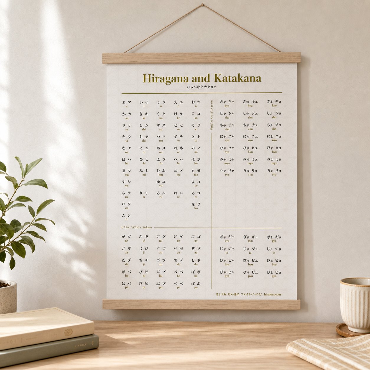 Hiragana and Katakana poster hanging from a natural wood poster hanger above a desk.