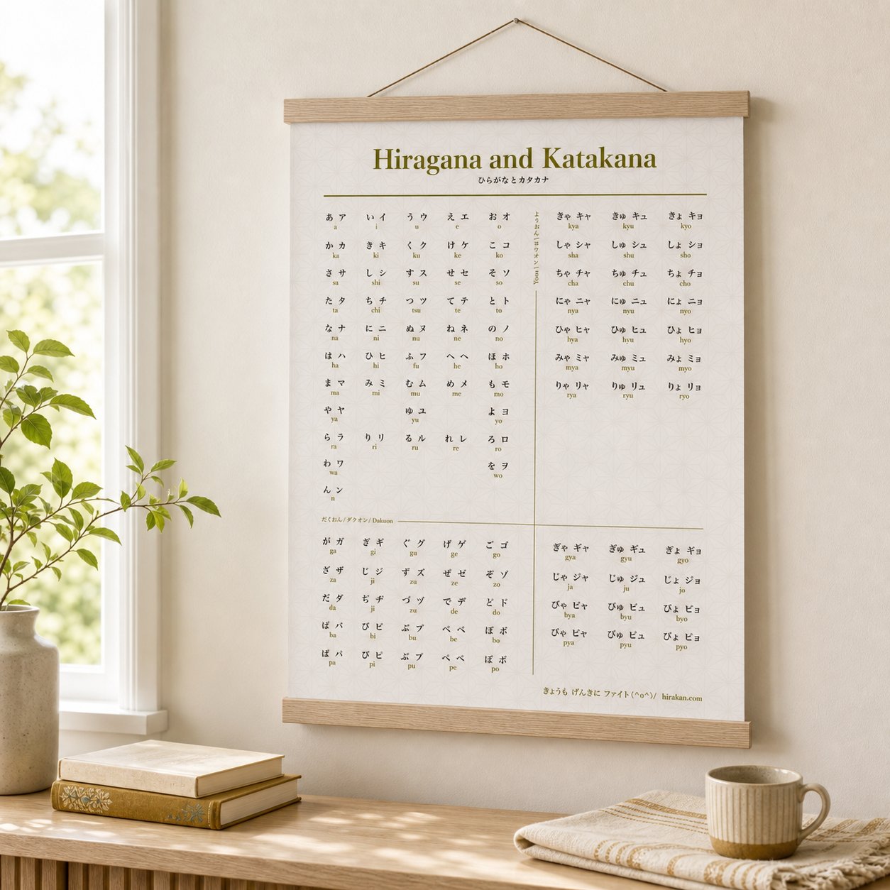 Hiragana and Katakana poster hanging from a natural wood poster hanger near a sunny window.