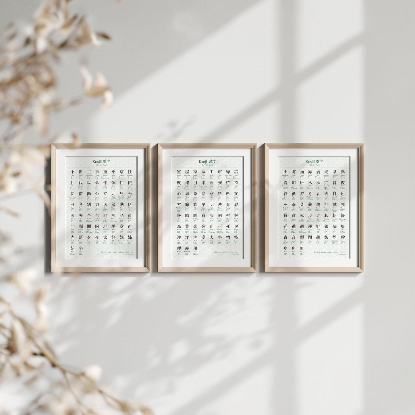 Printable JLPT N4 kanji poster shown as three framed prints