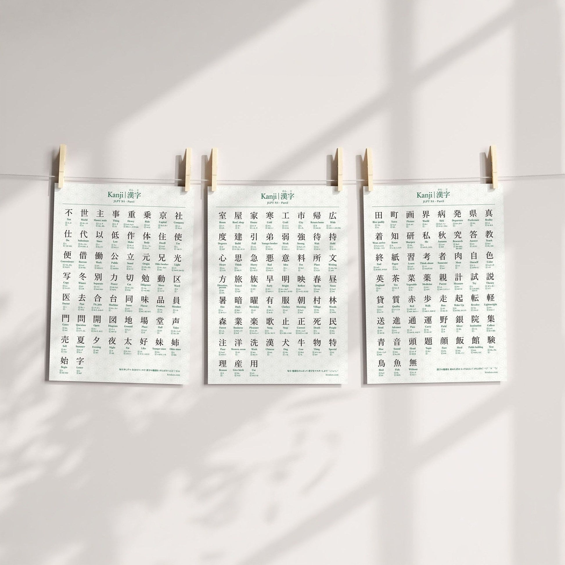 Printable JLPT N4 kanji poster shown as three hanging A4 prints