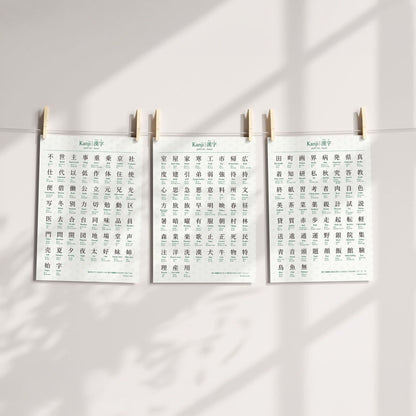 Printable JLPT N4 kanji poster shown as three hanging A4 prints