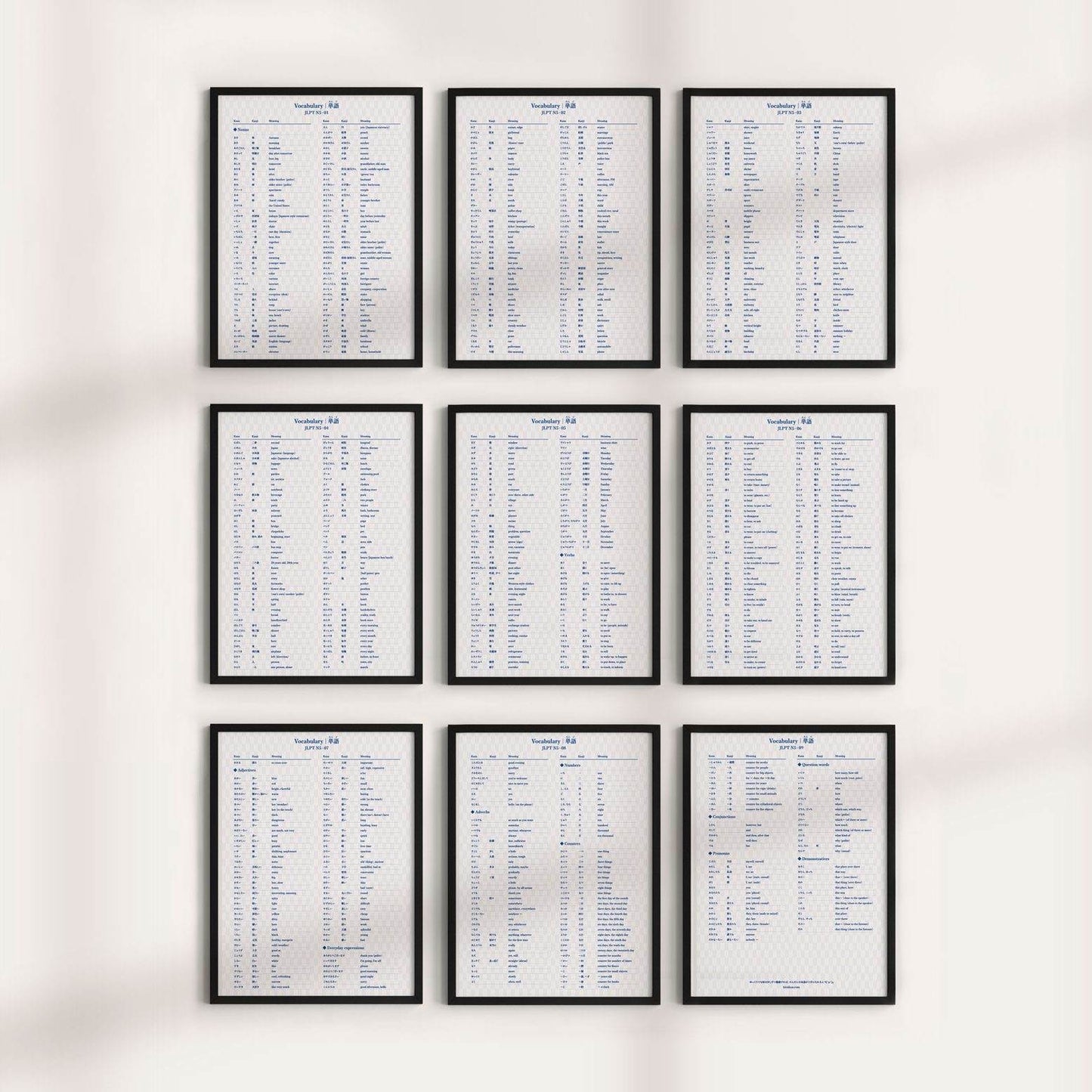 Printable JLPT N5 vocabulary poster shown as nine framed A4 pages