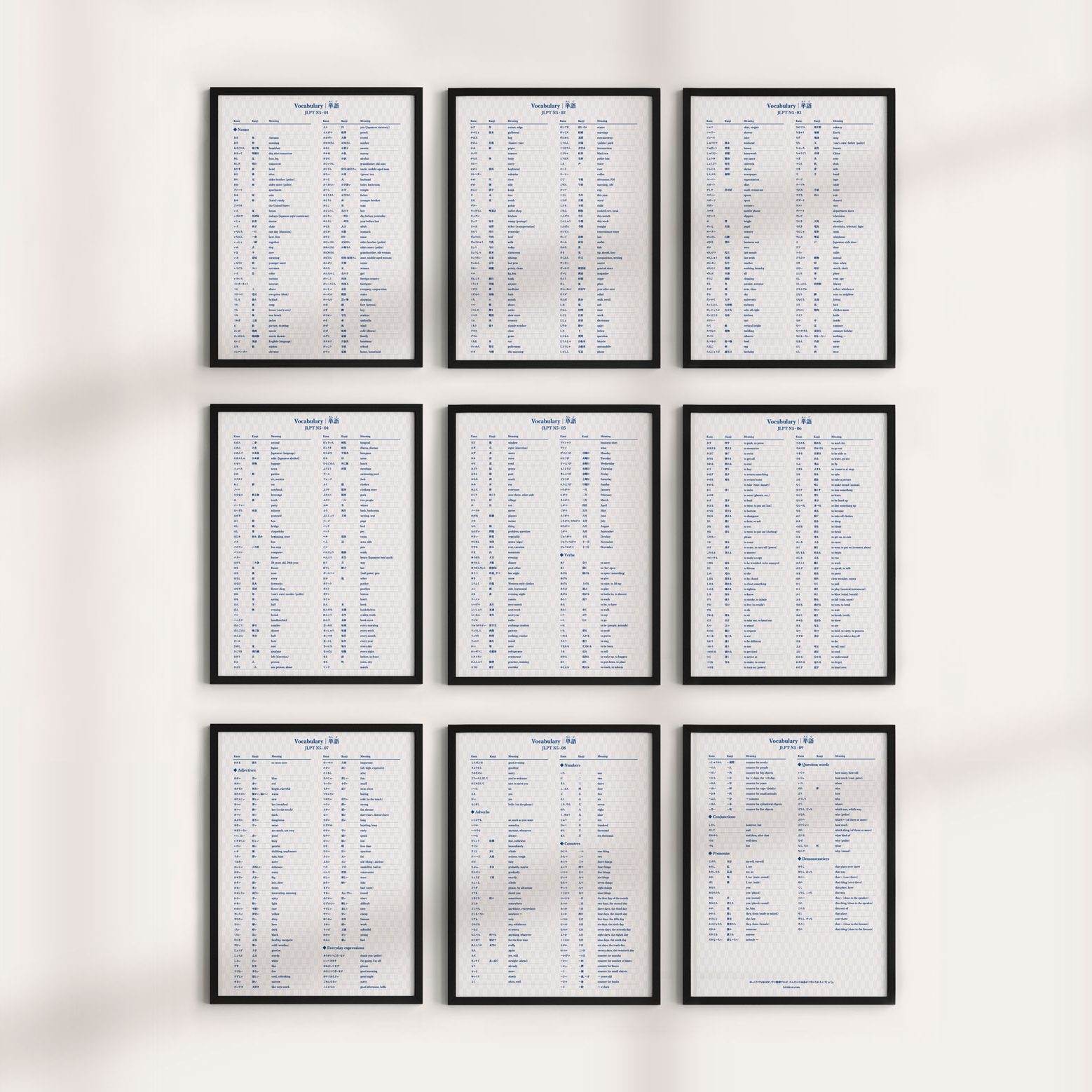 Printable JLPT N5 vocabulary poster shown as nine framed A4 pages