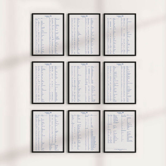 Printable JLPT N5 vocabulary poster shown as nine framed A4 pages