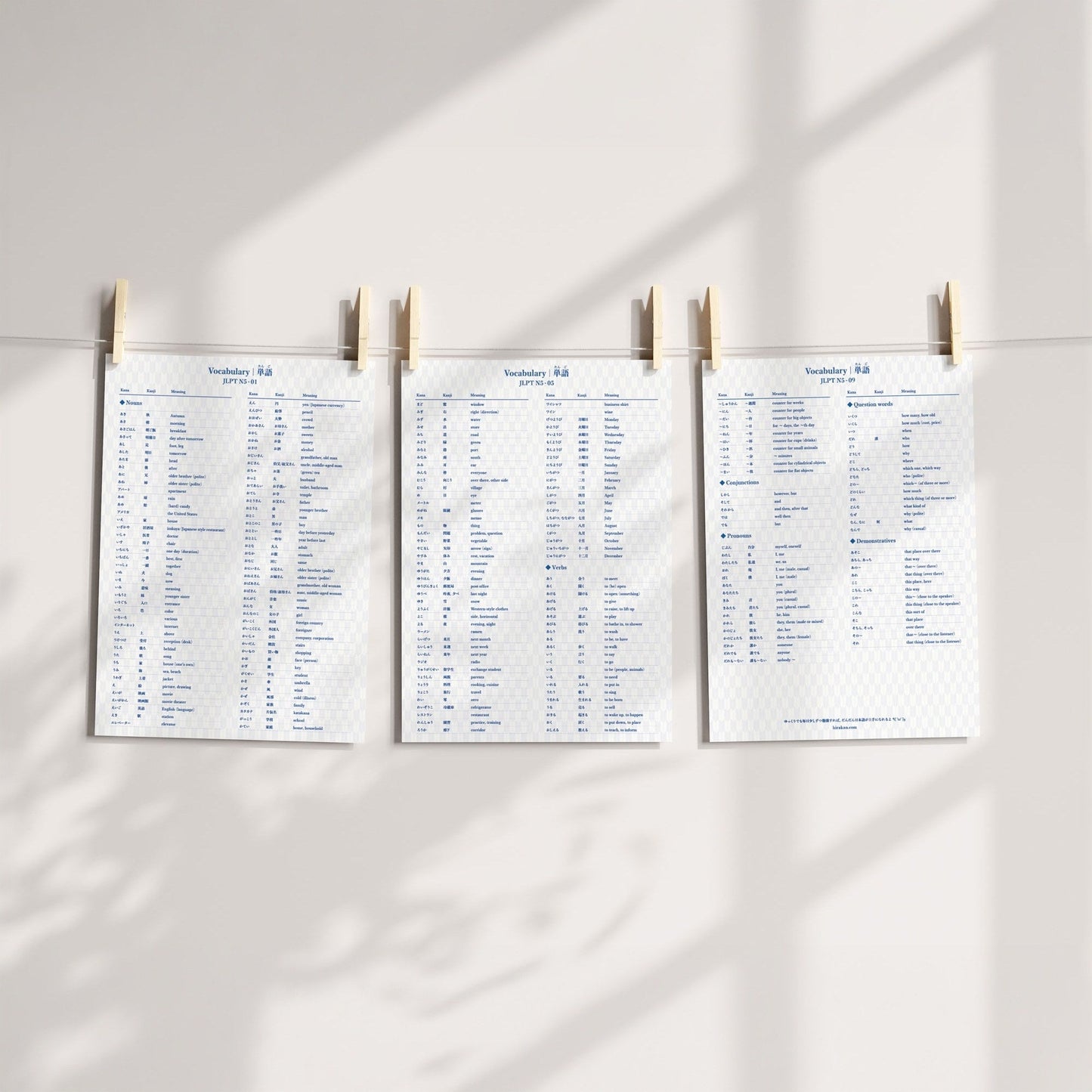 Printable JLPT N5 vocabulary poster shown as three hanging A4 pages