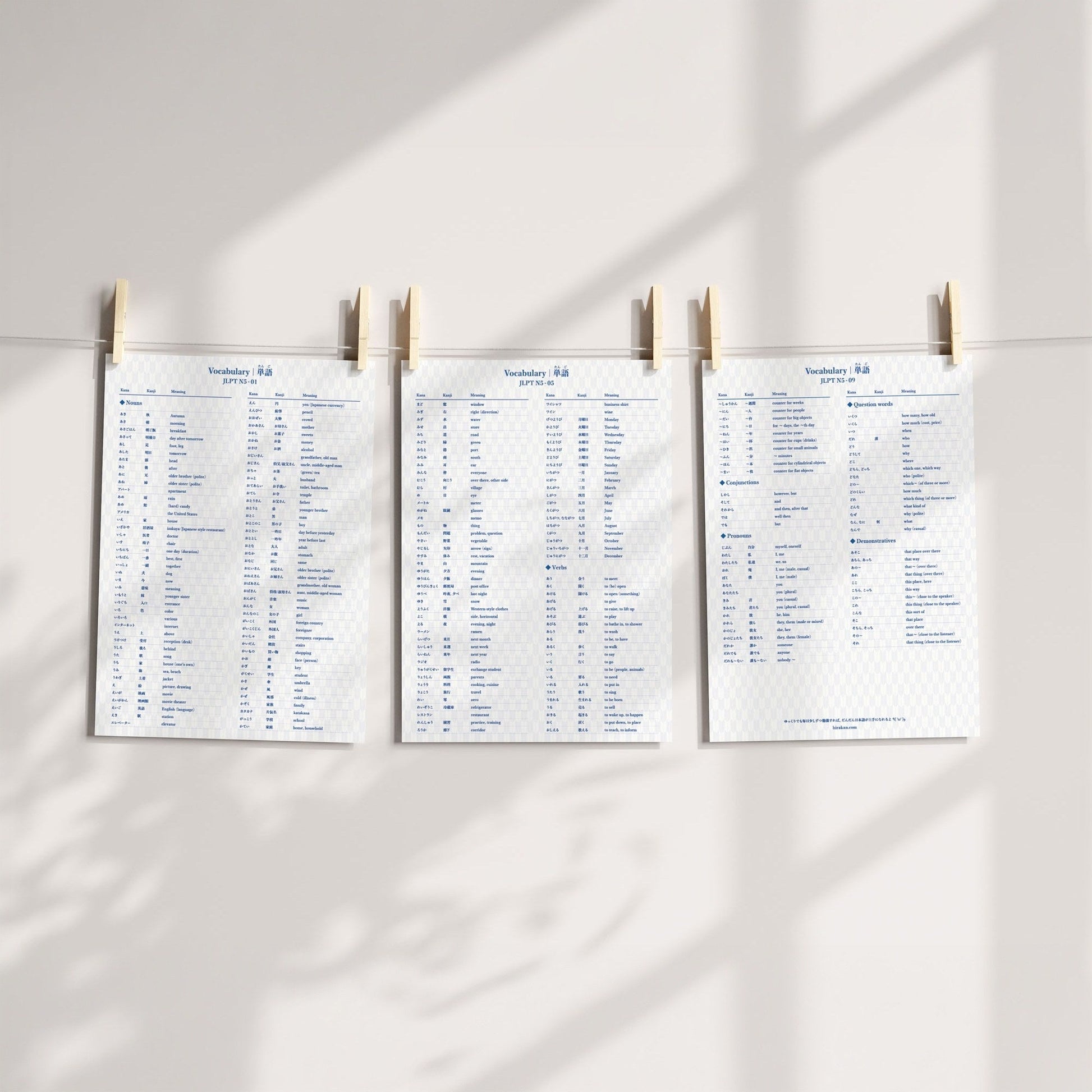Printable JLPT N5 vocabulary poster shown as three hanging A4 pages