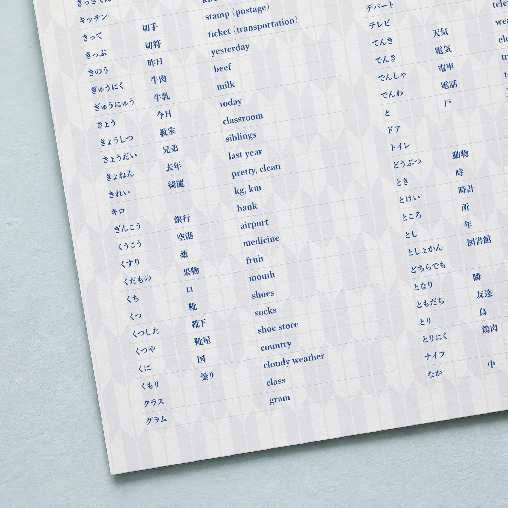 Close-up of JLPT N5 vocabulary poster showing Japanese words, readings, kanji, and English meanings